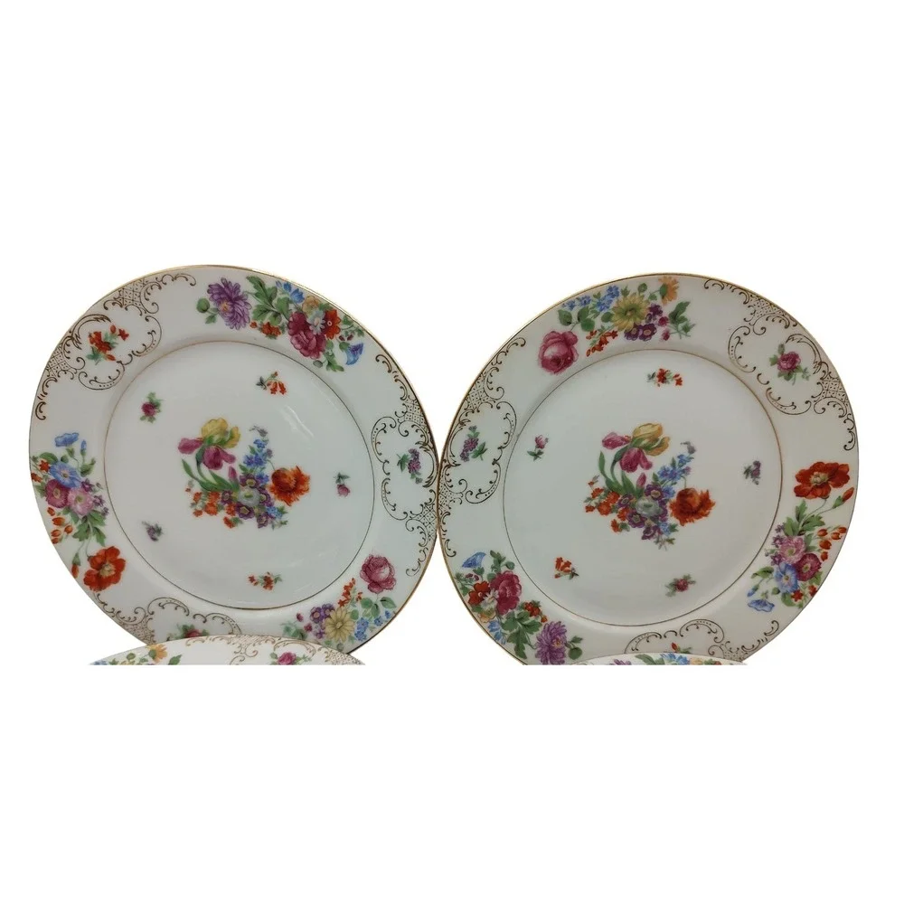 Vintage SGK China Salad Plate Floral Pattern‎ Gold Trim Scroll Set of Four